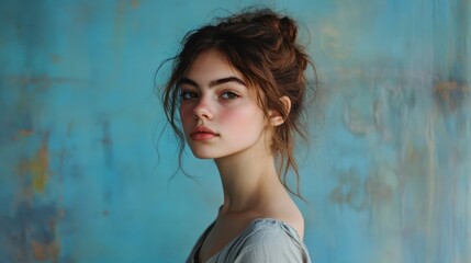 Fototapeta premium portrait of a young woman standing against a serene blue background