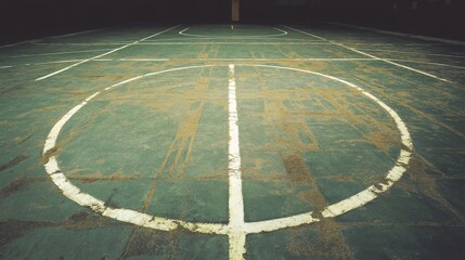 A basketball court lines with worn paint, outdoor setting under evening lights, Vintage style