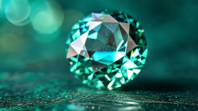 Diamond gemstone with intricate facets. A meticulously detailed 3D illustration of a turquoise gemstone with luminous facets and a sparkling surface.