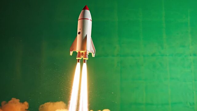 Rocket Launch: A powerful image of a rocket launching into space against a vibrant green screen. Ideal for representing innovation, technology, and progress.