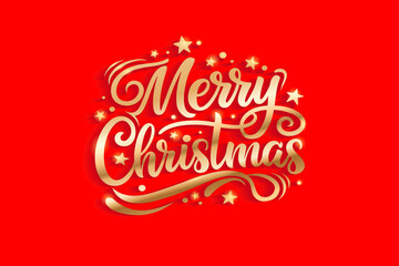 Celebrate Marry Christmas gold calligraphic sign on the red background, greeting card, banner, poster, cover, wallpaper, template, vector © Natalya