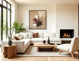 Fototapeta premium A modern and minimalist living room with a large white sectional sofa, a wooden coffee table, and a framed abstract artwork on the wall. The room has a warm and cozy atmosphere with natural lighting.