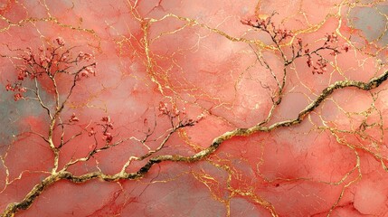 Abstract artwork featuring pink and gold branches, evoking nature and elegance.