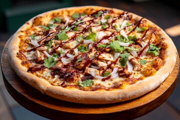BBQ chicken pizza with onions, cilantro, and barbecue sauce drizzled on top, served on a round wooden board