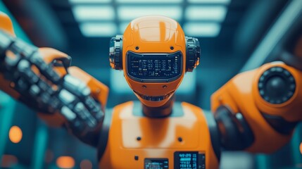 A Close-Up View of an Orange Robot with a Digital Display