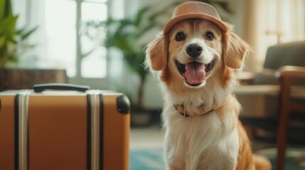 Adorable dog with suitcase inside a pet friendly hotel room, perfect for traveling with pets
