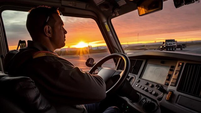 Truck driver is finishing his working day, driving his truck at sunset. He is watching beautiful sunset through the windshield