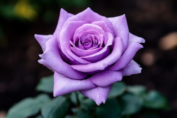 Close-up of a lavender rose in a garden, capturing its unique color and soft petals