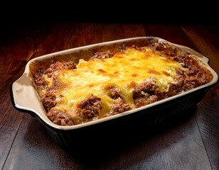 Rich and Hearty Meat Casserole Baked to Perfection with Melted Cheese Topping, Captured in a Dark and Moody Kitchen Setup with a Rustic Casserole Dish