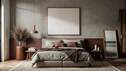 Cozy stylish grey beige brutal bedroom with wooden bed,neutral colors and blank wall art mockup.Blank grey poster template for your design,illustration or seamless pattern.