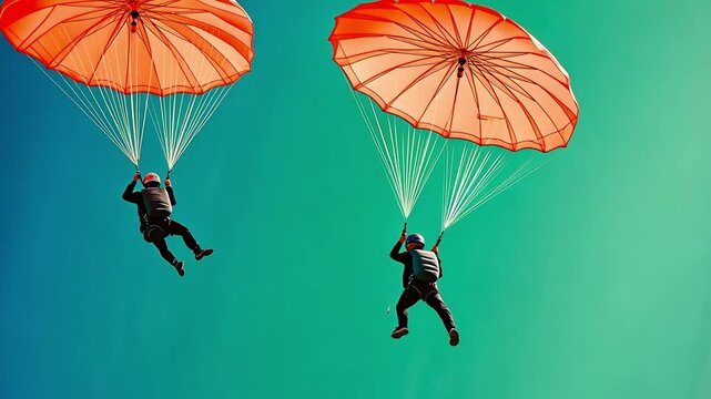 Skydiving Duo: Adrenaline Rush. Two skydivers descend under vibrant orange parachutes against a teal sky, a breathtaking image capturing the thrill of freefall and the beauty of aerial adventure. 
