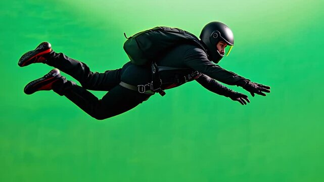 Skydiving Adventure: A fearless skydiver soars through the air, a vibrant green screen backdrop emphasizing the thrill of freefall.  A captivating image for adventure, extreme sports.