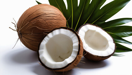 Natural Coconut Close-Up with Lush Green Leaves