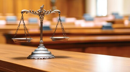 A close-up view of a balanced scale symbolizing justice, set in a courtroom environment. The scene reflects the principles of law and order.