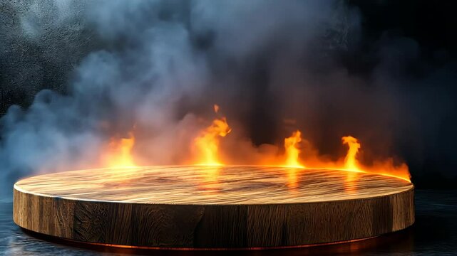 Wooden platform engulfed in flames with smoke