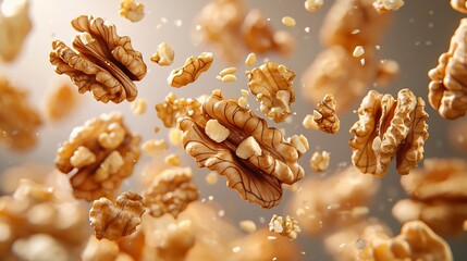 Walnut Seed and Nut, Floating Walnuts and Seeds in Surreal Food Art Concept with Copy Space