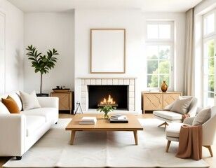 Fototapeta premium A cozy living room with a gray sofa, pink and white pillows, a round lamp with a warm glow, and a potted plant near a window overlooking a natural outdoor scene.