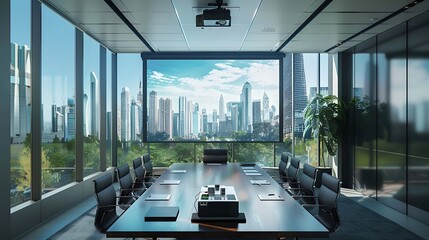 A modern conference room setup with a digital projector, a large table, and a glass window showing a cityscape.