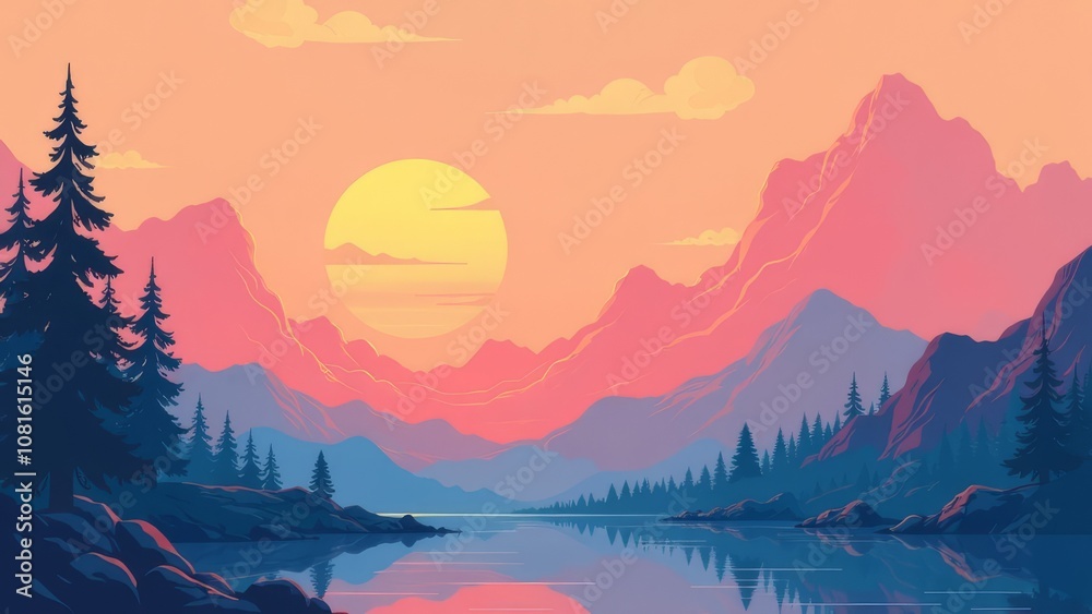 Poster A mountain range with a river running through it