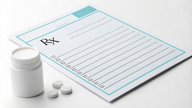prescription pad with bottle and pills, symbolizing healthcare and medication. scene conveys sense of medical professionalism and care