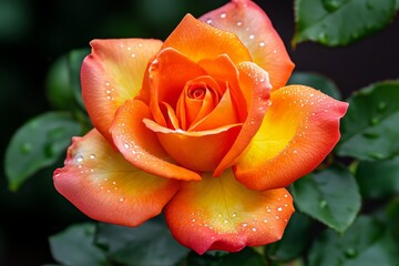 Garden of roses blooming in early morning light, with soft dewdrops and gentle sunlight
