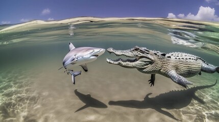 sharks and crocodiles are fighting in the clear sea