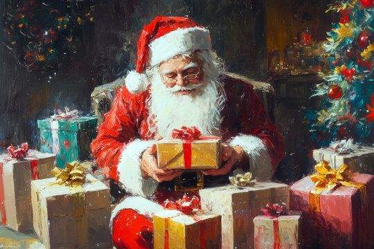 Vintage style oil painting of Santa Claus packaging gifts near Christmas tree. Nostalgic New Year's day and Merry Christmas card illustration