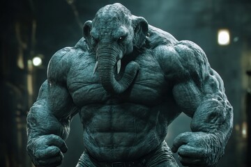 Fototapeta premium A muscular man with a large elephant head stands in a dark room