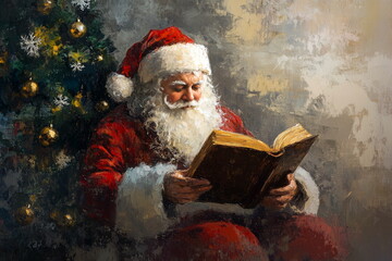 Santa Claus reading a book near Christmas tree in a vintage oil painting style. New Year's day and Christmas illustration