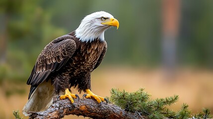 Obraz premium The majestic bald eagle, with its distinct white head and sharp yellow beak, sits proudly perched on a sturdy tree branch, surveying its surroundings with keen eyes and powerful talons.