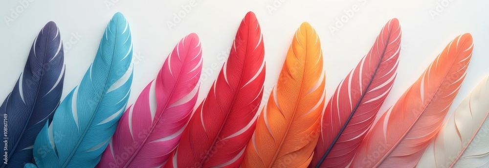 Poster A colorful array of feathers with a blue feather in the middle