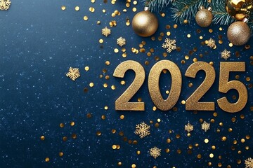 Fototapeta premium Happy New Year 2025. Paper numbers with gold Christmas decorations on a dark blue background. New Year greeting card design.