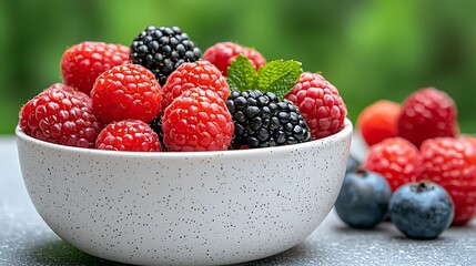The bowl of summer berries glistens with vibrant colors, exuding a refreshing sweetness that is as invigorating as a cool breeze on a hot day