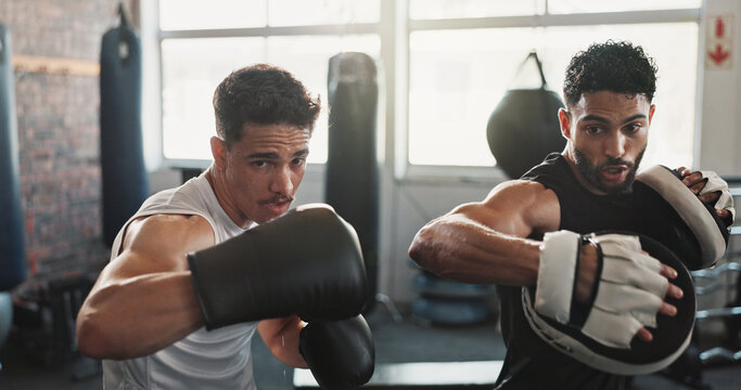 Men, personal trainer and boxing with gloves at gym for training, exercise or workout together. Male person, fitness instructor or coach helping fighter with technique for self defense at health club