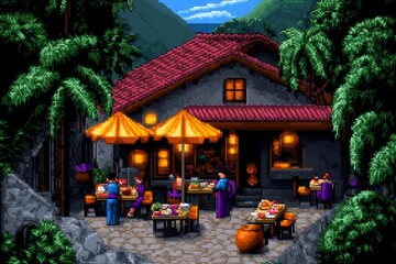 Obraz premium Pixel art of a cozy restaurant with small tables, colorful food, and customers in retro 8-bit style