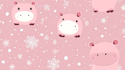 Cute Pastel Pattern with Hippos and Snowflakes
