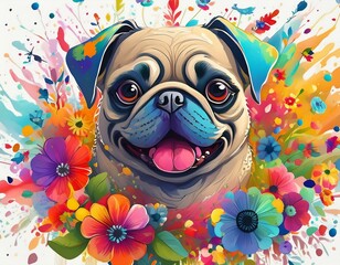 Pug against colorful background, pug against colorful flower background