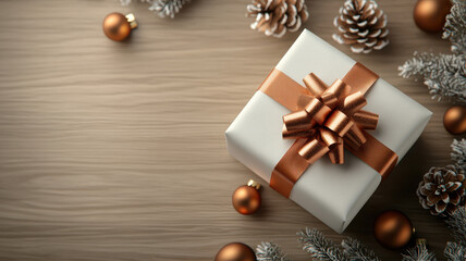 Obraz premium beautifully wrapped Christmas gift box with shiny ribbon sits among pine cones and ornaments, creating festive atmosphere