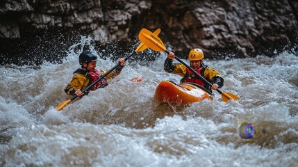 Exploring the outdoors  adventurous travelers kayaking together on a scenic river expedition