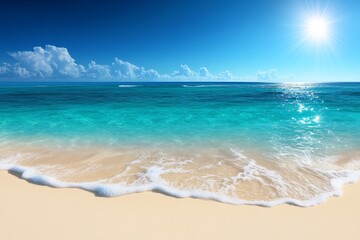 Realistic beach scene with clear blue water, golden sand, and bright sunlight reflecting off the waves