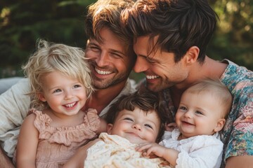 Joyful LGBTQIA Family Embracing Parenthood in Warm, Minimalist Setting