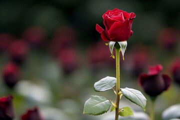 Obraz premium Red rose with a long stem and green leaves, standing alone against a soft-focus background
