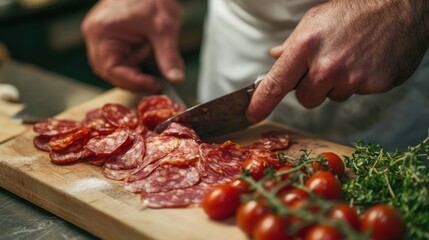 A chef slices cured meats with fresh tomatoes and herbs on a wooden board in a lively kitchen