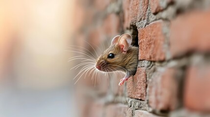 Curious mouse peering from a tiny hole in a brick wall, natural light highlighting its fur and whiskers, evoking themes of survival and adaptation in cities