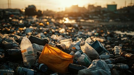 Heaps of trash with scattered bottles and bags, bathed in the last rays of sunlight, evoking themes of pollution and hope
