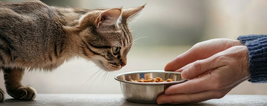 Feeding time scene with a cat peering into a food bowl offered by human hands, evoking themes of affection, routine, and connection between pet and owner