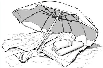 Simple line drawing of a beach umbrella and towel, symbolizing relaxation and summer vibes