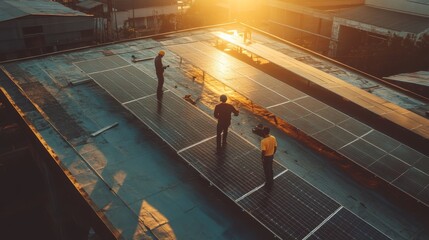 Technicians installing solar panels on factory roof  embracing eco friendly energy solutions