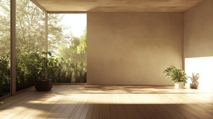 Fototapeta premium Minimalist contemporary room with wooden floor and plants