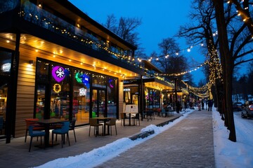 Obraz premium Snowy mountain village with skiers preparing for the day, colorful ski jackets and lively atmosphere